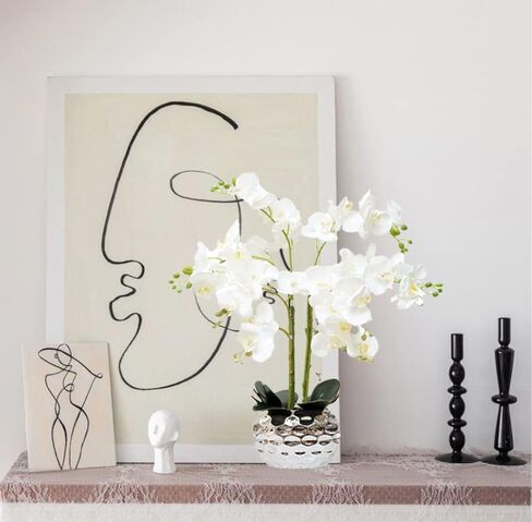 Orchid Artificial Flowers for Home Decor, Faux Orchids with Silver Vase Phalaenopsis Fake Flowers Real Touch Flowers Plants White Orquideas Arrangements in Pot Table Centerpiece Decoration in Saudi Arabia