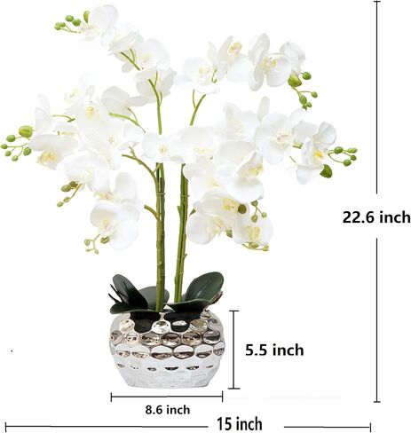 Orchid Artificial Flowers for Home Decor, Faux Orchids with Silver Vase Phalaenopsis Fake Flowers Real Touch Flowers Plants White Orquideas Arrangements in Pot Table Centerpiece Decoration in Saudi Arabia
