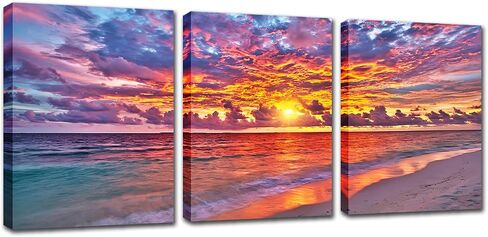 Beach Prints Home Wall Art - Sunset Coastal Seascape Pictures Red Ocean Scenery Poster Artwork Framed 12 x 16 Inches Sea Canvas Paintings 3PCS Teens Bedroom Bathroom Living Room Kitchen Décor in Saudi Arabia