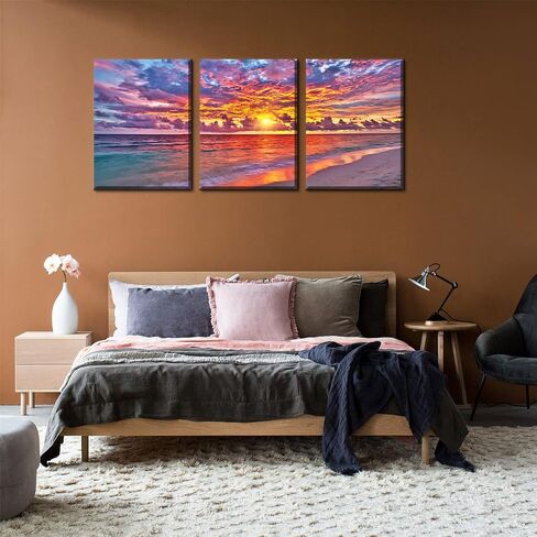 Beach Prints Home Wall Art - Sunset Coastal Seascape Pictures Red Ocean Scenery Poster Artwork Framed 12 x 16 Inches Sea Canvas Paintings 3PCS Teens Bedroom Bathroom Living Room Kitchen Décor in Saudi Arabia