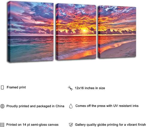 Beach Prints Home Wall Art - Sunset Coastal Seascape Pictures Red Ocean Scenery Poster Artwork Framed 12 x 16 Inches Sea Canvas Paintings 3PCS Teens Bedroom Bathroom Living Room Kitchen Décor in Saudi Arabia