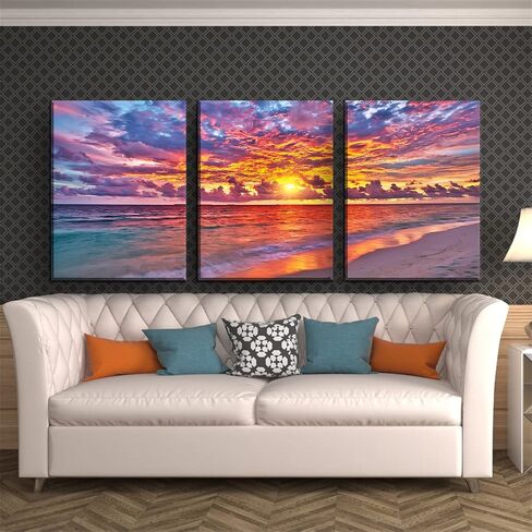 Beach Prints Home Wall Art - Sunset Coastal Seascape Pictures Red Ocean Scenery Poster Artwork Framed 12 x 16 Inches Sea Canvas Paintings 3PCS Teens Bedroom Bathroom Living Room Kitchen Décor in Saudi Arabia