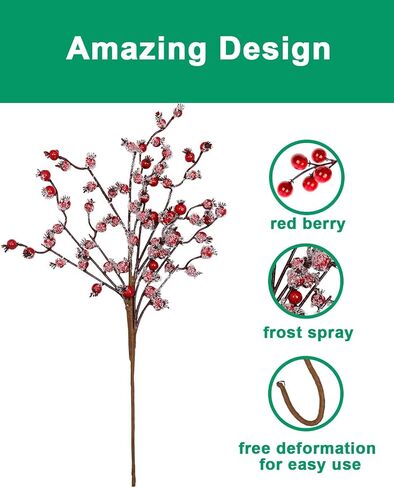 vensovo 4 Pack Artificial Red Berry Picks - 17 Inch Christmas Frost Red Berries Spray Branches, Christmas Tree Decorations, Winter Holiday Home Decor in Saudi Arabia