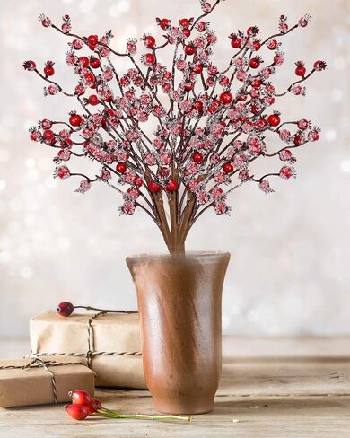 vensovo 4 Pack Artificial Red Berry Picks - 17 Inch Christmas Frost Red Berries Spray Branches, Christmas Tree Decorations, Winter Holiday Home Decor in Saudi Arabia