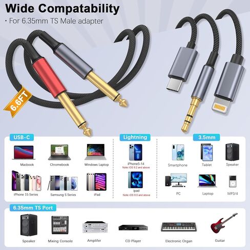USB C 3.5 مم وLightning إلى Dual 6.35 مم 1/4 بوصة TS كابل ستيريو أحادي Y، كابل صوت 3 في 1 مزدوج 1/4 بوصة متوافق مع iPhone15/14/13/12/iPad، ومكبر الصوت، ومكبر الصوت، وسماعات الرأس، والمزج وحدة التحكم 10 أقدام in Kuwait