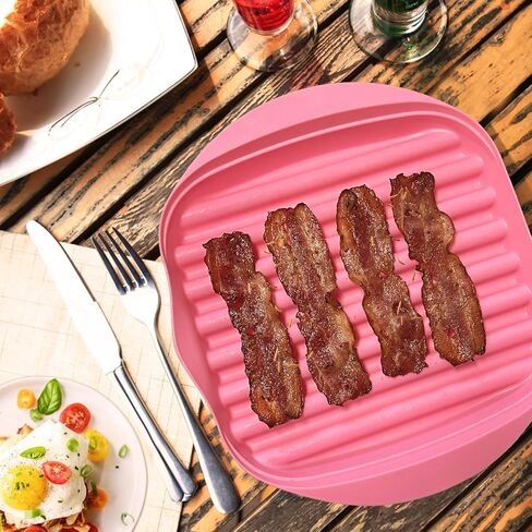 جهاز طهي لحم الخنزير المقدد في الميكروويف مع غطاء، آمن، سريع وبدون فوضى، صينية لحم الخنزير المقدد في الميكروويف مع غطاء تصنع لحم الخنزير المقدد المقرمش في دقائق قليلة (أبيض) in Saudi Arabia