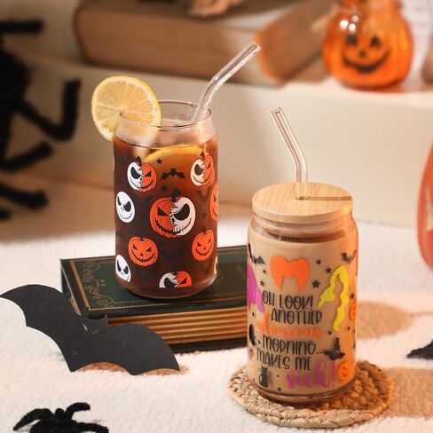 Halloween Ghosts Iced Coffee Can Glass Gifts Halloween Drinking Glass Cup with Lid and Straw, 16oz Halloween Tumbler Beer Can Glass, Halloween Gifts, Halloween Decorations in Saudi Arabia