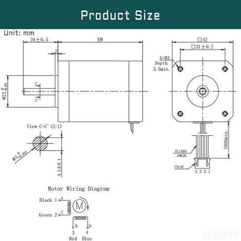 Nema 17 Stepper Motor 0.4 A-12V High Torque 290mNm(41.06oz.in）33mm 1.8 Deg Bipolar 2 Phase 4 Leadfor 3D Printer/DIY CNC/Digital Camera, 1.66x1.66x1.3inch in Kuwait