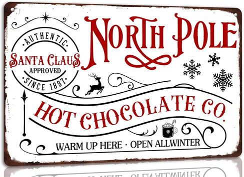 North Pole Hot Chocolate Christmas Metal Tin Sign Christmas Decor Wall Art for Home Cafe Kitchen Farmhouse Winter Retro Wall Decor Plaque 8x12 Inch in Saudi Arabia