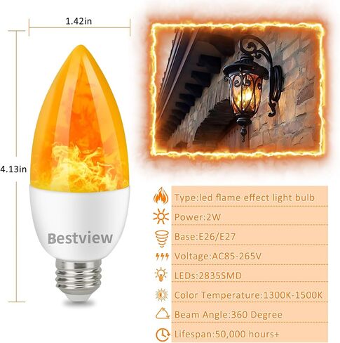 Bestview Flickering Light Bulbs,3 Modes Led Flame Effect Light Bulbs, Smart E26/E27 Chandelier Base Candle Fire Light Bulb for Halloween, Christmas,Party, Porch, Indoor&Outdoor Home Decoration-6 Pack in Saudi Arabia
