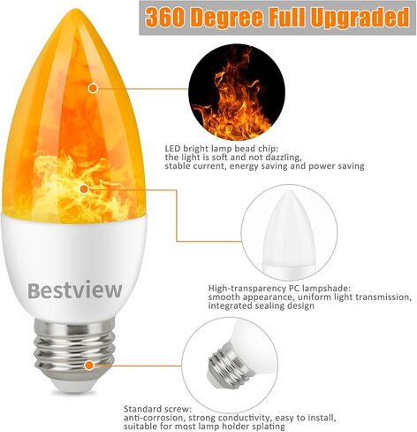 Bestview Flickering Light Bulbs,3 Modes Led Flame Effect Light Bulbs, Smart E26/E27 Chandelier Base Candle Fire Light Bulb for Halloween, Christmas,Party, Porch, Indoor&Outdoor Home Decoration-6 Pack in Saudi Arabia