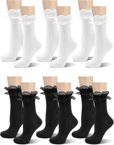 6 Pairs Women's Crew Socks Casual Cute Ankle Socks Breathable Cotton Ruffle Frilly Socks Princess Ankle Dress Socks for Women in Saudi Arabia