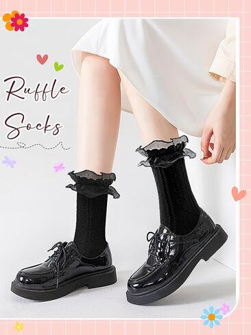 6 Pairs Women's Crew Socks Casual Cute Ankle Socks Breathable Cotton Ruffle Frilly Socks Princess Ankle Dress Socks for Women in Saudi Arabia