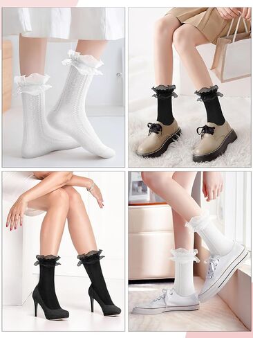6 Pairs Women's Crew Socks Casual Cute Ankle Socks Breathable Cotton Ruffle Frilly Socks Princess Ankle Dress Socks for Women in Saudi Arabia