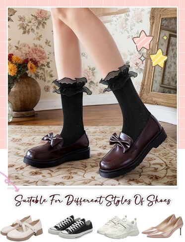 6 Pairs Women's Crew Socks Casual Cute Ankle Socks Breathable Cotton Ruffle Frilly Socks Princess Ankle Dress Socks for Women in Saudi Arabia