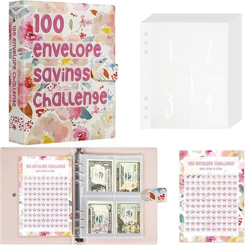 Hiwhy 100 مغلف تحدي التوفير، مجلد الميزانية للتخطيط وتوفير 5050 دولارًا، مخطط التوفير اليومي، طريقة سهلة وممتعة لتوفير 5050 دولارًا، أوراق الشجر in Kuwait