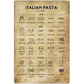 Italian Pasta Guide Metal Tin Signs Pasta Literacy Retro Poster Pasta Lovers Art Plaque Decoration Home Kitchen Restaurant Wall Decor Vintage Wall Decoration 12×16 inch