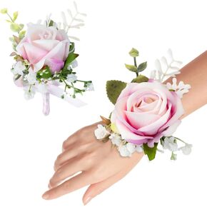 Corsage and Boutonniere Set for Groom Bride Groomsmen Bridesmaids Wedding Party Prom, Artificial Roses Flower Boutonniere for Men Wedding Mother Grandmother for Bridal Shower Prom