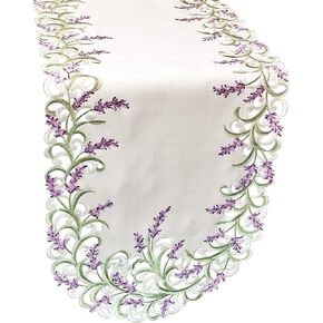 BANBERRY DESIGNS Embroidered Table Runner with Lavender Lilac Flowers on Cream, Approx. 14 by 34 Inch, Machine Washable