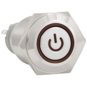 JacobsParts Latching Maintained Pushbutton ON/OFF Switch Circular Metal Silver with White Power Symbol LED Light fits 5/8" (16mm) Diameter Panel Cutout Hole