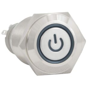 JacobsParts Latching Maintained Pushbutton ON/OFF Switch Circular Metal Silver with White Power Symbol LED Light fits 5/8" (16mm) Diameter Panel Cutout Hole