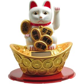 M.V. Trading Japanese Maneki Neko Fortune Cat Lucky Solar Powered Lucky Waving Arm Cat Sitting On Gold Bar, Gold, 5-Inches