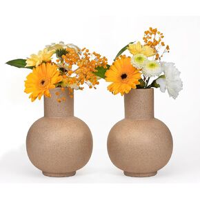 Elegant Brown Ceramic Vase Set of 2 – Mid Century & Modern Decor, Boho Living Room & Kitchen Counter Decor, Minimalist Fireplace, Dining Room, Farmhouse Aesthetic, Table Decor & centerpieces. (Bulb)
