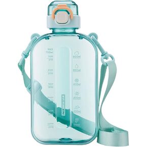 750ML Square Transparent Water Bottle, Cute Sports Water Jug with Adjustable Strap, Portable Motivational Water Bolttles for Travel, Hiking and Outdoor Workouts
