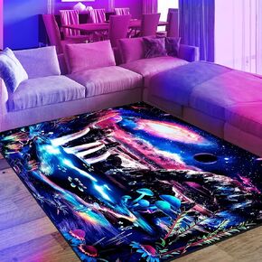 Blacklight Galaxy Area Rug, Neon UV Reactive Space Planet Throw Rug, Non-Slip Waterfall Mushroom Mountain Wave Landscape Floor Mat Carpet, Fluorescent Fantasy Decor for Home Bed Room 70x47inch