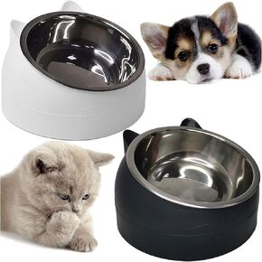 PINVNBY 4PCS Raised Cat Bowl Tilted 15° Slanted Elevated Bulldog Feeder Non-Spill Dog Kitten Food Dish Anti-Slip Detachable Pet Stainless Steel Slope Base for Small Pets (13.5oz/400ML Black+White)