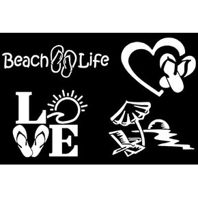 Beach Life Decals 4 Pack: Beach Life, Flip Flop Heart, Love, Chair Umbrella Sun (White, Large ~5")
