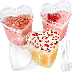 60 Pack Dessert Cups with Lids and Spoons, 5 oz Heart-Shaped Clear Plastic Appetizer Parfait cups for Mother's Day Gift, Wedding, Bridal Shower