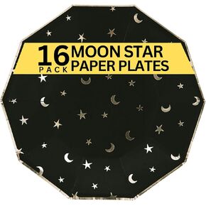 Disposable Party Witch Paper Plates - Moon Star Cups - Recyclable Birthday Moon and Stars, Witchy, Ghost Plates for Party - For Birthday, Goth Party, Cat Birthday -Black - 7inch (Set of 16)