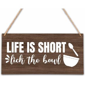 patcate Life Is Short Lick The Bowl Wood Sign Wall Decor, Funny Kitchen Wall Art Hanging Decor for Home, Rustic Farmhouse Kitchen Wood Decorations (B02)
