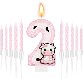 MTLEE Number 1 Pink Cow Glitter Birthday Candles Sparklers Pink Glitter Happy Birthday Number Candles Number Birthday Cake Topper with 10 Long Thin Cupcake Candle for Party Farm Birthday Decorations