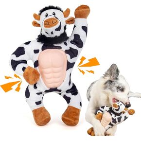 Squeaky Plush Dogs Toys for Aggressive Chewers, Stuffed Animal Dog Toy with Rubbery Belly, Durable Interactive Puppy Chew Toys for Boredom,to Keep Them Busy, Small Medium Large Breed(Cow)