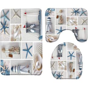 Nautical Memory Foam Bath Rug 3 Piece Starfish Beach Seashell Lighthouse OceanTheme Sea Marine World Blue White Bathroom Rug Set,Bath Mat +U-Shaped Contour Rug +Toilet Lid Cover