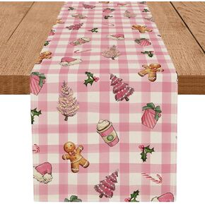 Christmas Table Runner Pink Plaid Tree Gingerbread Candy Xmas 13 x 72 Inch Winter Holiday Home Kitchen Merry Christmas Table Decor
