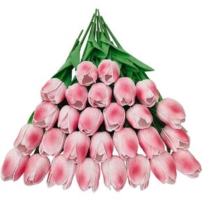 Fake Tulips,28 Pcs Artificial Tulips Flowers,Faux Tulips PU Real Touch for Home Decor (28, Sunset)…