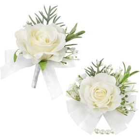 Alizeal 2Pcs of Wrist Corsage and Boutonniere Set, Artificial Flowers Accessories Suit Decor for Wedding Prom Party Homecoming Ceremony, White-2