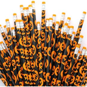 GiftExpress 48-Pack Halloween Pumpkin Pencils with Eraser, Halloween Treats for Kids, Classroom Prize, School Stationery, Halloween Décor, Jack O Lantern Pencils Party Favors (48pc Halloween)