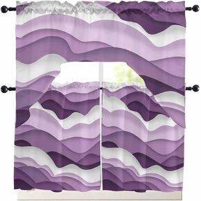 Purple Ombre Kitchen Curtains Swag Valance and Tier Curtains Set 24 Inch Length, Rod Pocket Drape Panels Pair Swag Curtains for Bathroom/Cafe/Window Modern Geometric Moire Abstract Art