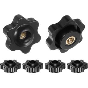 6pcs Star Knobs M8 Female Thread 38mm 6-Point Plastic Head Brass Insert Through Hole Screw-in Threaded Hand Knob Clamping Handle, Black