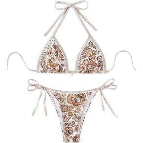 Women's Floral Printed Bathing Suit Halter Paisley Summer Swimsuit Bikinis Set Yellow XS