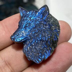 TEAMWILL Natural Labradorite Crystal Quartz Hand Carved Wolf Head Reiki Healing Crystal Gorgeous Art Sculpture Stone Statue Figurine Minerals Gifts