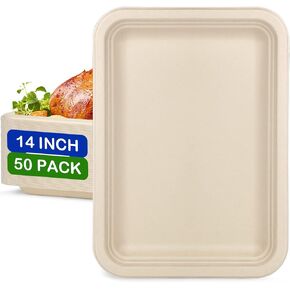 14 inch Large Paper Plates, 50 Pack Disposable Trays, 100% Compostable Paper Plates Heavy Duty, Eco Friendly Disposable Plates, Brown Paper Plates Dinner for Party BBQ Picnic