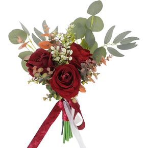 Emivery Bridesmaid Bouquets for Wedding, Artificial Rose Flowers Bouquet Burgundy Roses Bride Bouquet for Wedding Ceremony, Valentine's Day, Bridal Shower Decorations