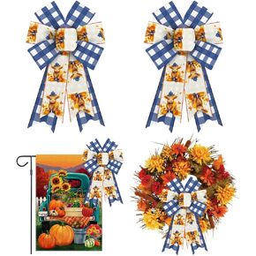 Hying 2PCS Fall Bow for Wreath, Plaid Pumpkin Harvest Wreath Bow for Front Door, Thanksgiving Wreath Bows for Fall Harvest Party Decor Indoor Wall Autumn Thanksgiving Decoration Supplies Ornament