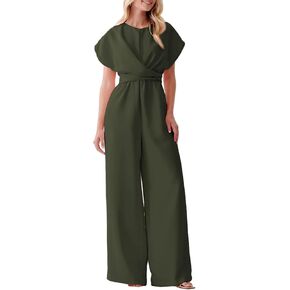 Happy Sailed Women Jumpsuits Dressy Short Sleeve Front Crisscross Tie Waist Belted Wide Leg Pant Romper with Pockets