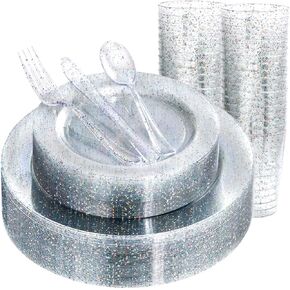 Rubtlamp 180PCS Glitter Plastic Plates with Glitter Disposable Silverware, Clear Glitter Plates for 30 Guests Include 30Dinner Plates, 30Dessert Plates, 90Cutlerys, 30Cups for Party in Saudi Arabia